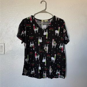 Black Christmas Llama Print Women's Pajama Top